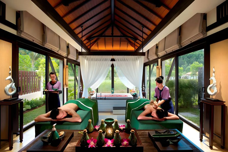 Traditional Vietnamese herbal treatments and spa therapies in a tranquil resort setting.