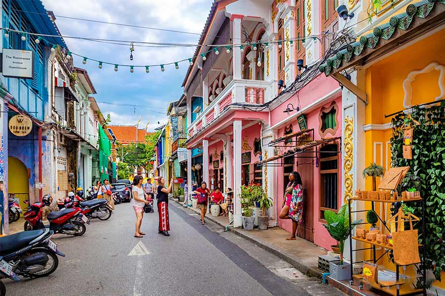 Tourists are taking pictures in Phuket Old Town