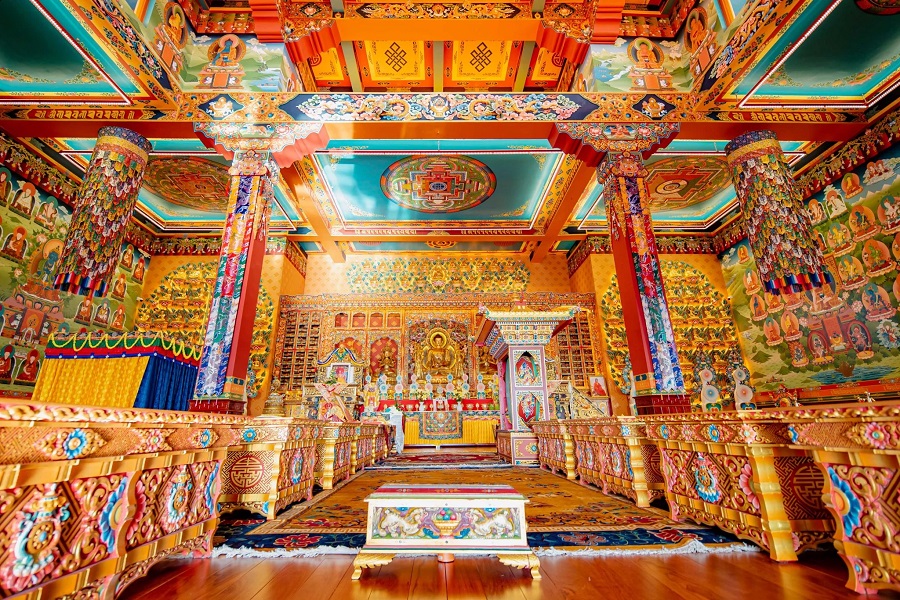 The Exhibition Hall is decorated with sacred figures of the Drigung Kagyu lineage