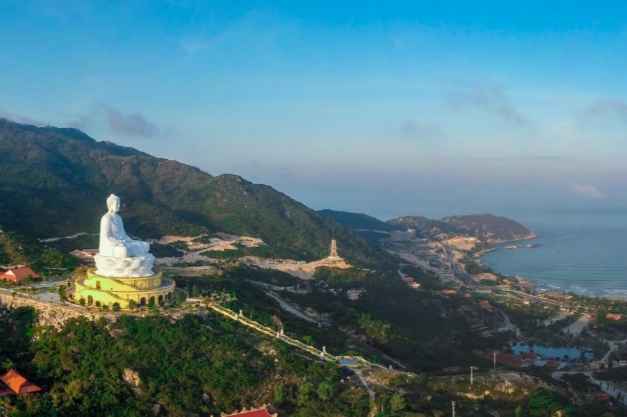 Panoramic view of the Great Buddha statue overlooking the Quy Nhon coastline