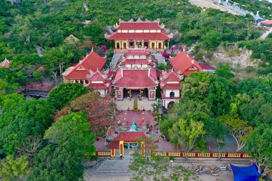 Aerial view of Ong Nui Temple nestled in the mountains