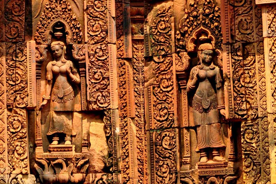 Devatas and Apsaras are prominent and exquisite features of Khmer temple art, including the intricate carvings found at Banteay Srei