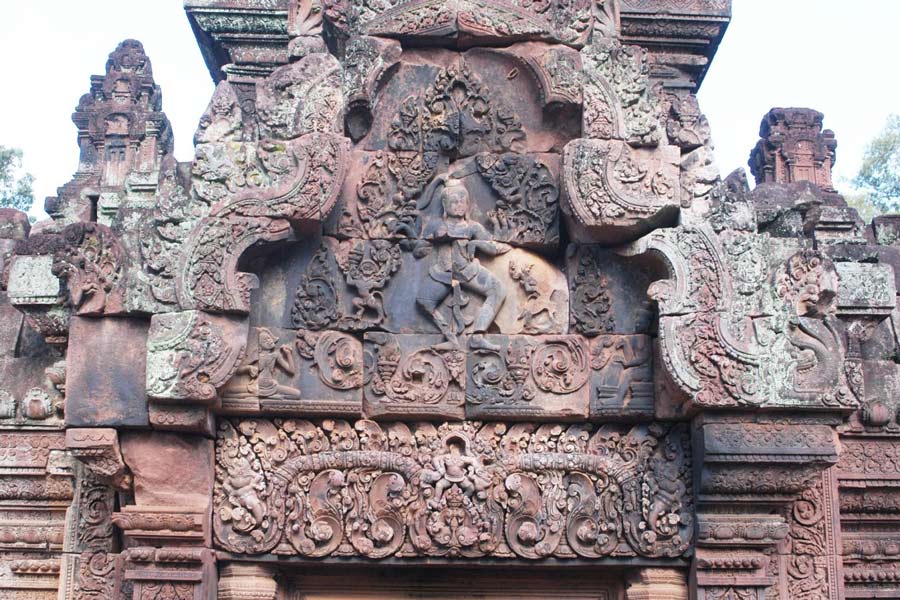 Lintels and pediments are architectural elements commonly found in Khmer temple structures, including the intricate carvings of Banteay Srei