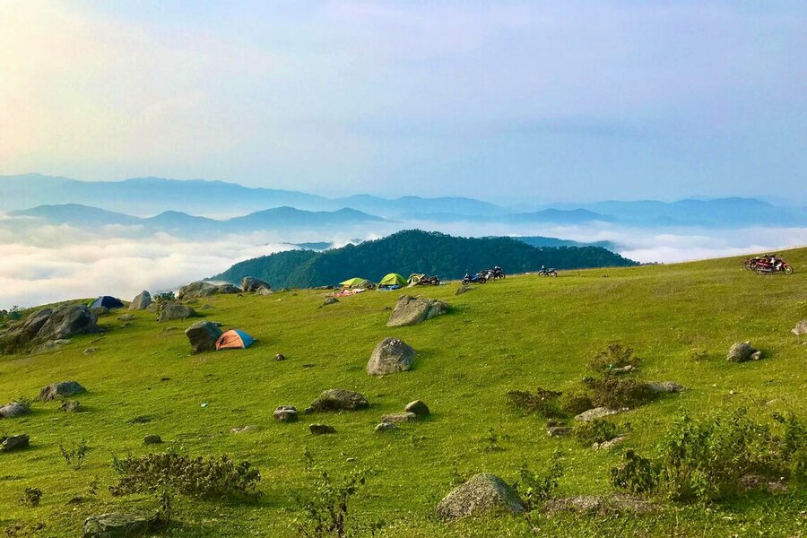 Camping tents on halfway up the hill