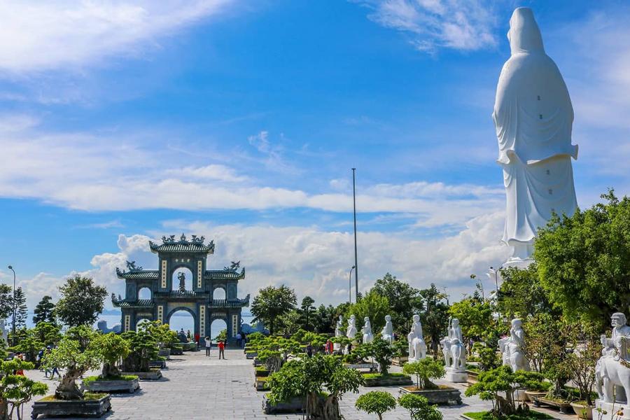 The gardens and grounds surrounding the Lady Buddha Pagoda in Da Nang, Vietnam, enhance the overall experience of the religious site, providing a serene and contemplative environment