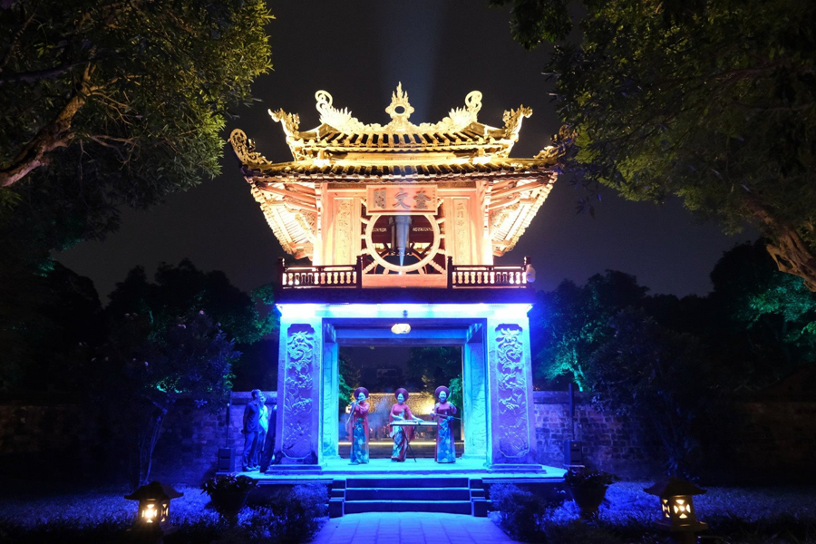 The Temple of Literature illuminated in the Hanoi night