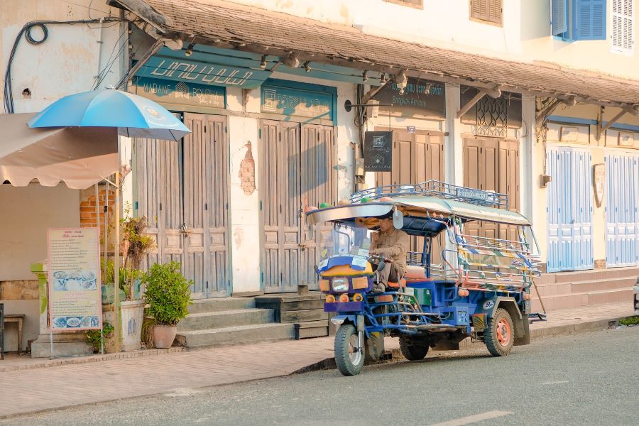Tuk-tuks are the most popular choice during the Laos 5-day tour in Luang Prabang