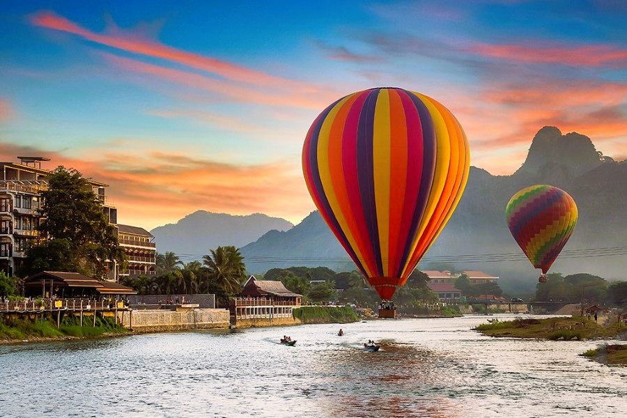 Hot air balloon flights offer a bird's-eye view of Vang Vieng