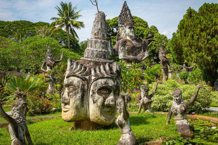 Buddha Park (Xieng Khuan) is known for its vast collection of Buddha statues, each with its own unique pose and symbolism