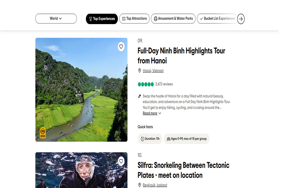 The Ninh Binh experience tour is ranked 9th worldwide