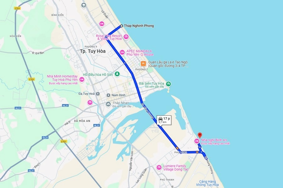 Route from Nghinh Phong Tower to Xom Ro Seawall (Source: Google Map)