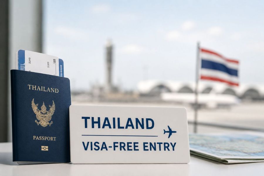 Thailand travel documents and passport illustrating the new visa-free stay limit for European travelers.