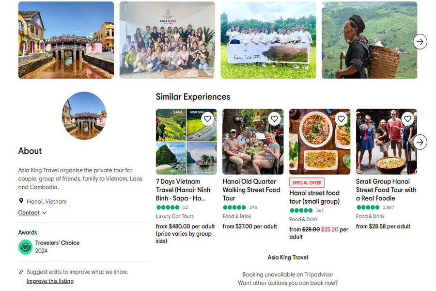  Asia King Travel Travelers' Choice award badge on the Tripadvisor website