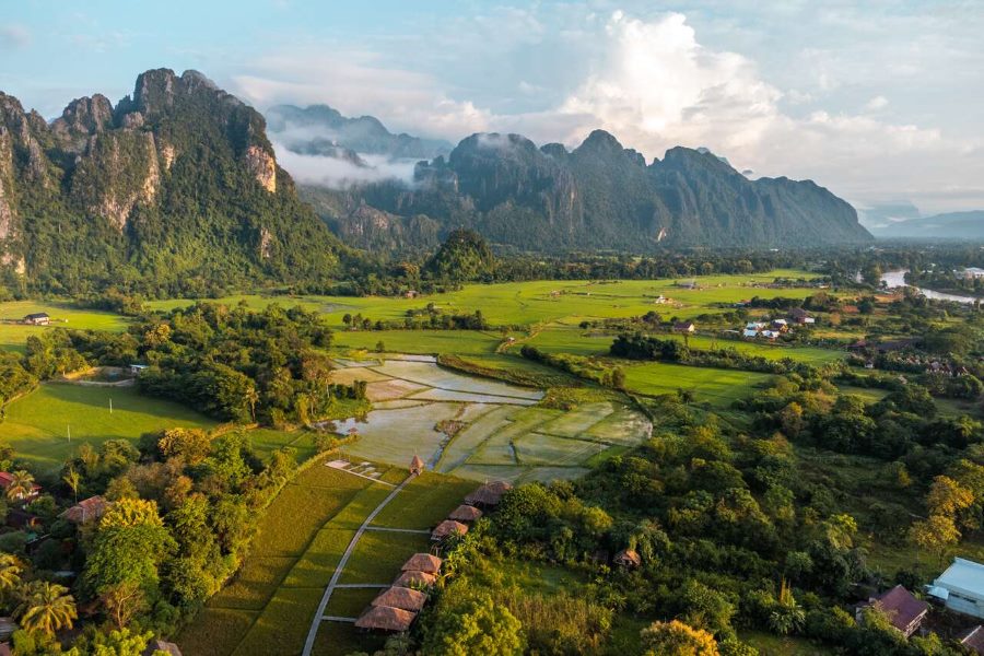 Vang Vieng is famous for its peaceful rural landscape