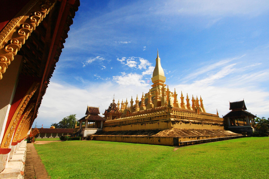 Beautiful great golden Pagoda at Wat Pha That Luang Temple
