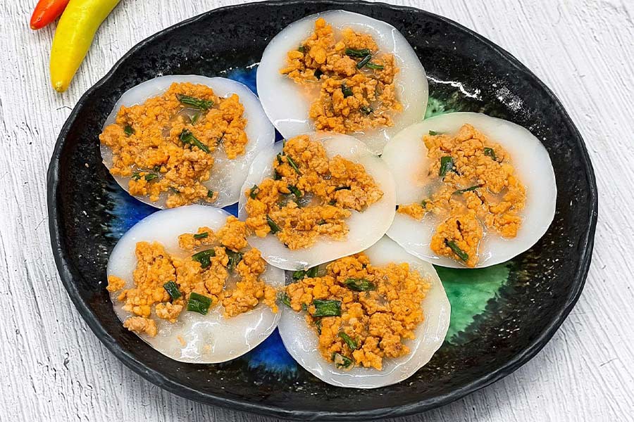 Banh beo come with a variety of savory toppings