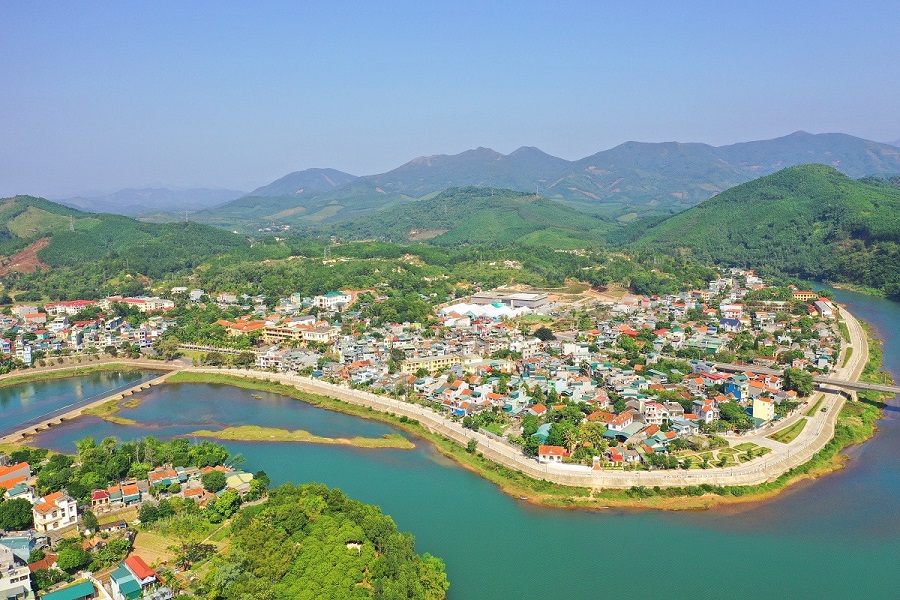 A scenic aerial view of Tien Yen District surrounded by mountains and rivers