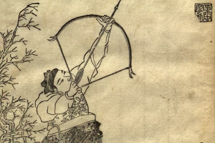 An ancient painting depicts Houyi shooting down the sun. Photo: Mythopedia