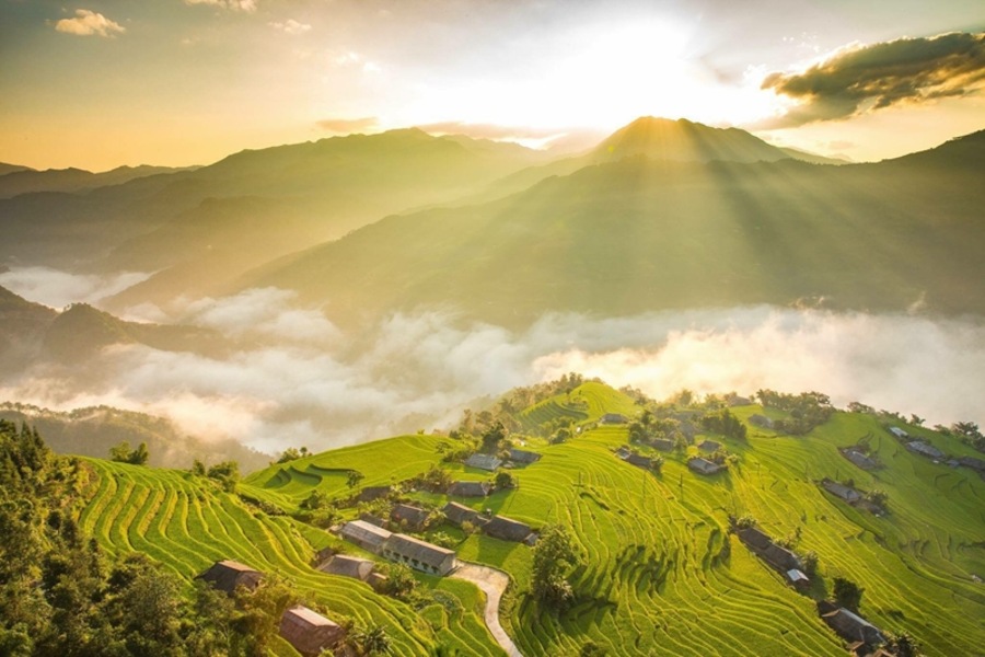 Hoang Su Phi is known for the most beautiful rice terraces in Vietnam with a bright yellow color among the majestic mountains