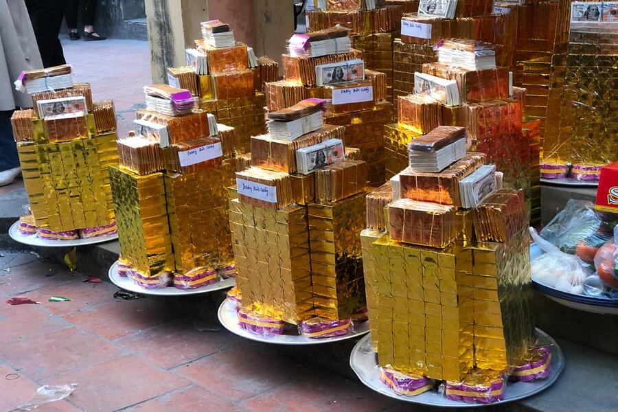 Many prepared offerings are sold around the temple