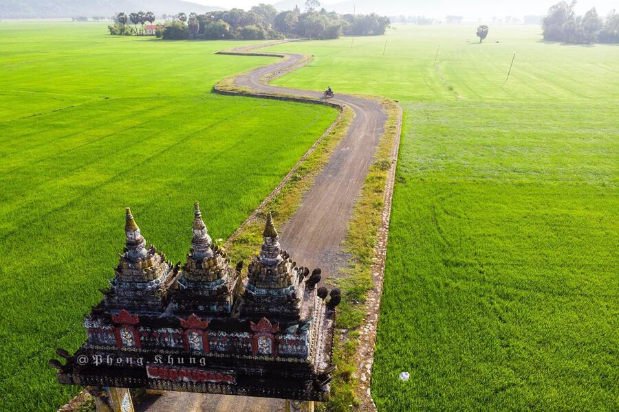 Green fields surround the entrance to the pagoda