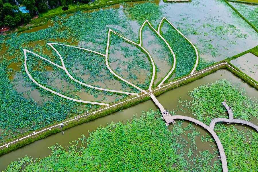 The lotus-shaped wooden bridge near Mua Cave