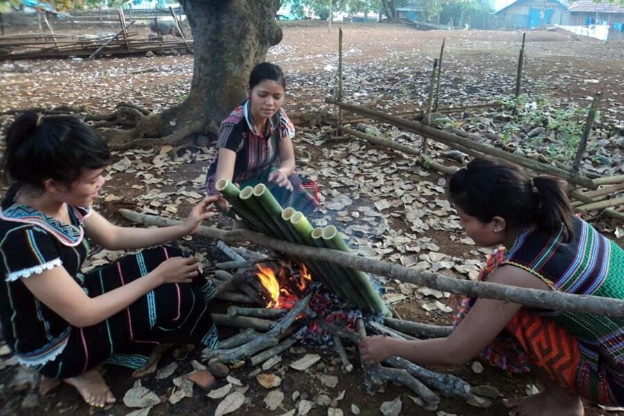 Villagers cook tubes of bamboo rice on a flame. Photo: Bu Dang District