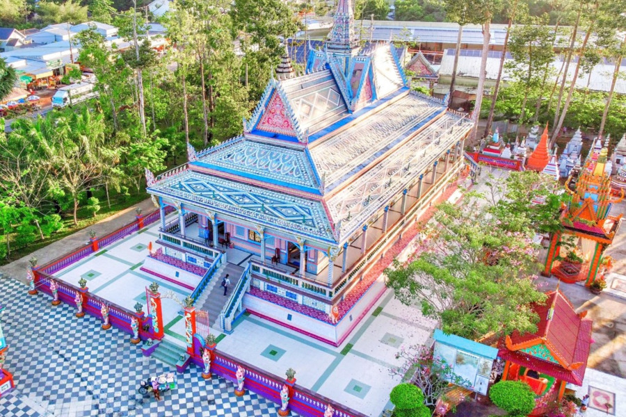 The pagoda is vibrant with colorful porcelain details. Photo: Henry Duong