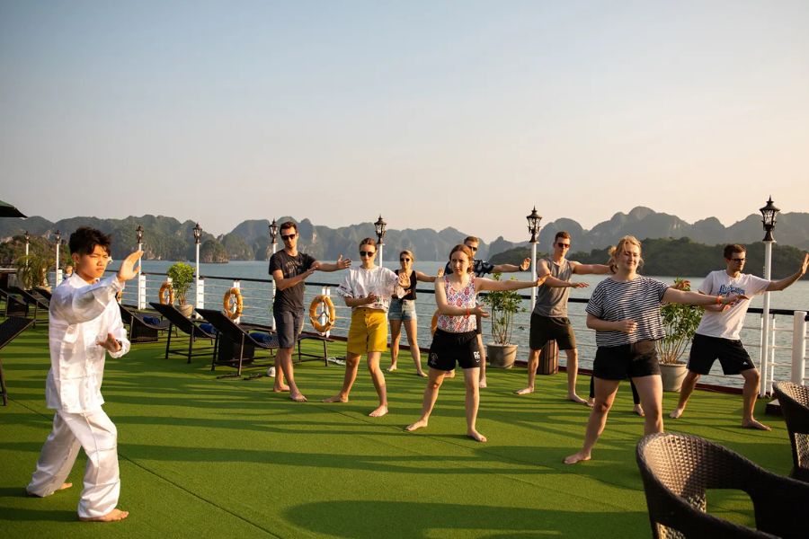 Practicing Tai Chi on Ha Long Bay Cruise