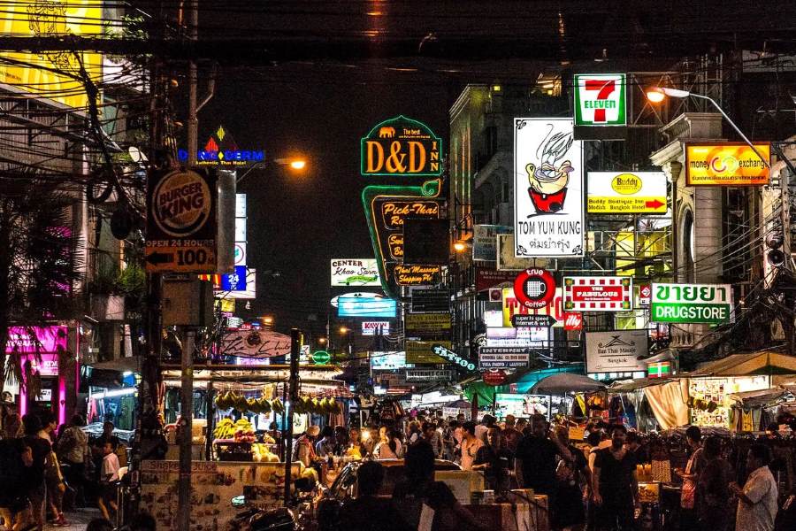 khaosan road at night in bangkok