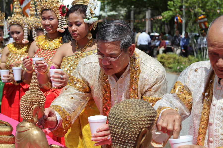Pouring scented water for Khmer new year traditional blessings