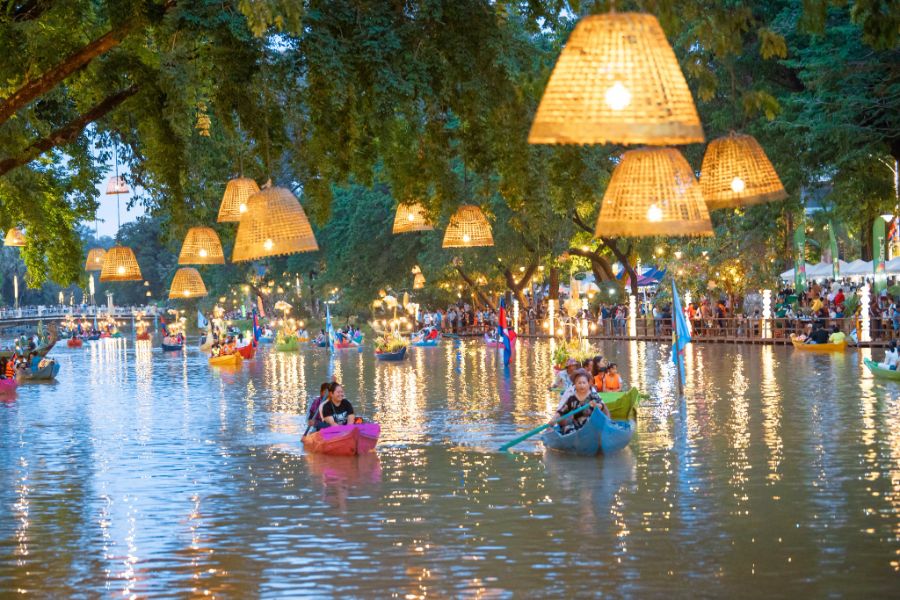 Illuminated river boats celebrating the Khmer new year night
