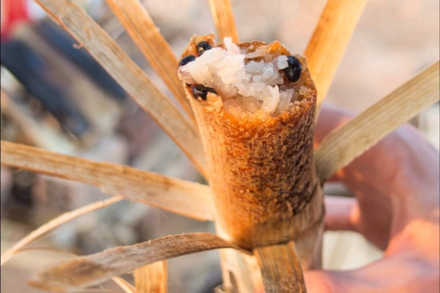 Close-up of sticky rice in a bamboo tube