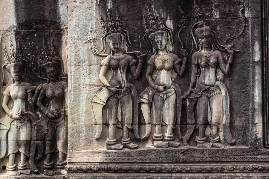 Exquisite relief carvings of Apsara dancers at Angkor Wat, Cambodia.