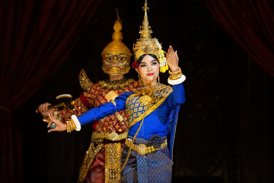 Colorful Apsara dancers perform a traditional Khmer dance in Siem Reap, Cambodia.