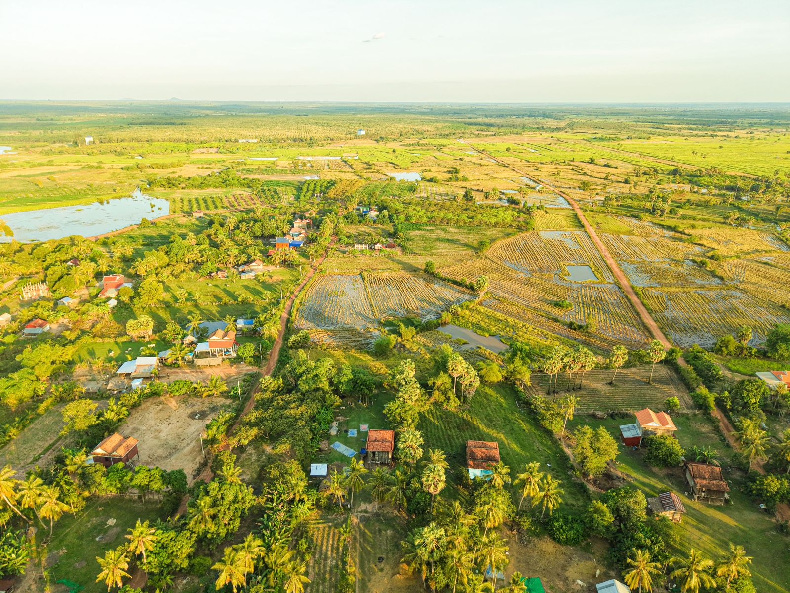 A stunning aerial view of Cambodia's lush rural landscape, with its rice paddies and farmland