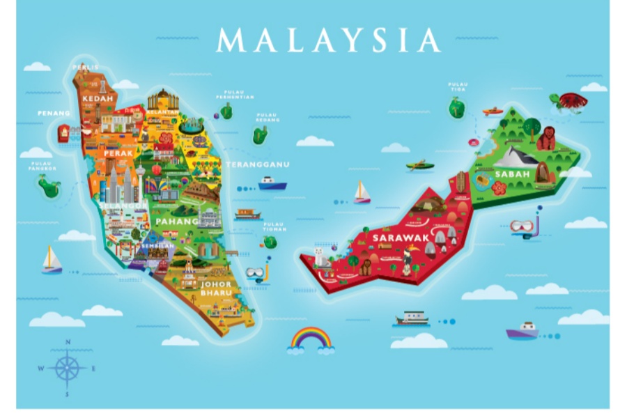 Peninsular Malaysia on the left and East Malaysia on the right